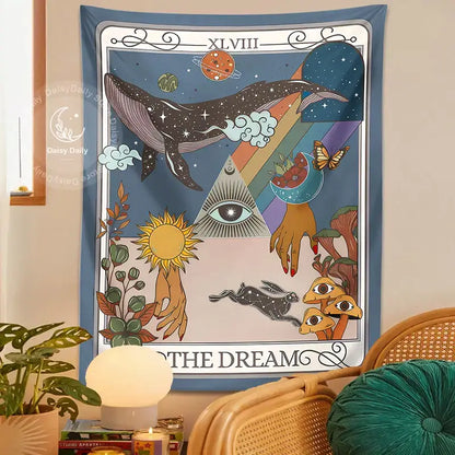 Whimsical blue dream tarot tapestry bedroom wall art