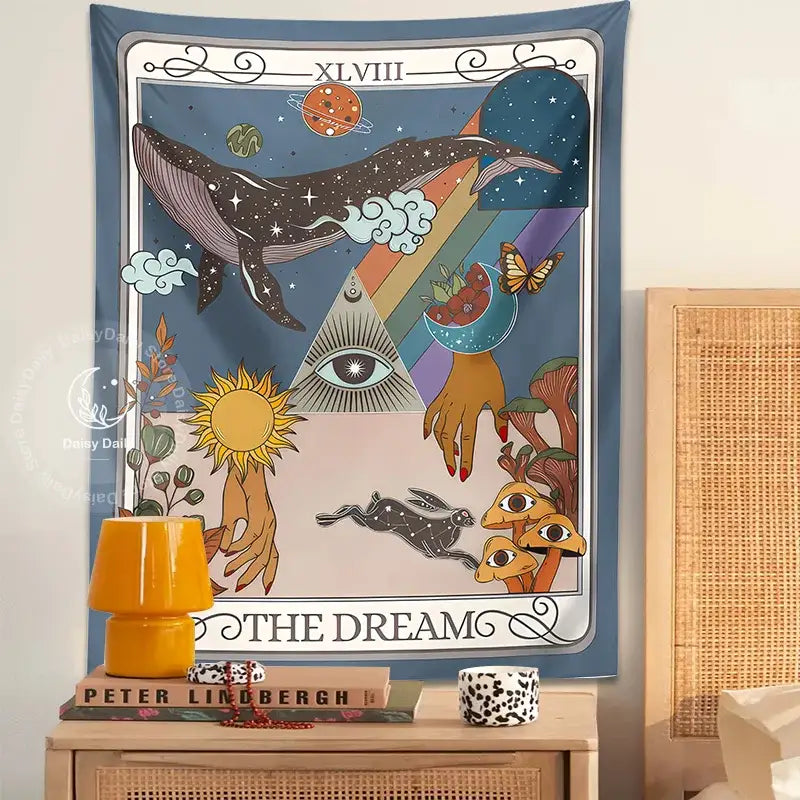 Whimsical blue dream tarot tapestry bedroom wall art