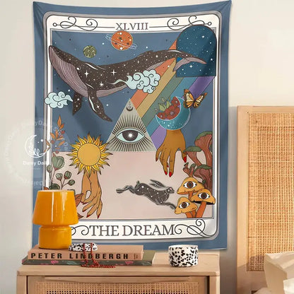 Whimsical blue dream tarot tapestry bedroom wall art