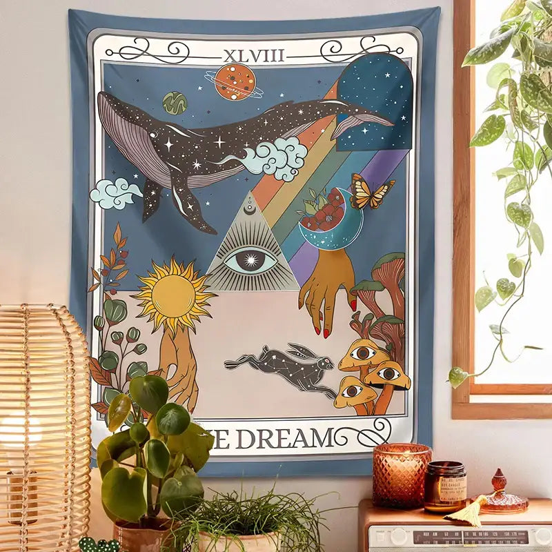 Whimsical blue dream tarot tapestry bedroom wall art