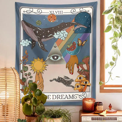 Whimsical blue dream tarot tapestry bedroom wall art