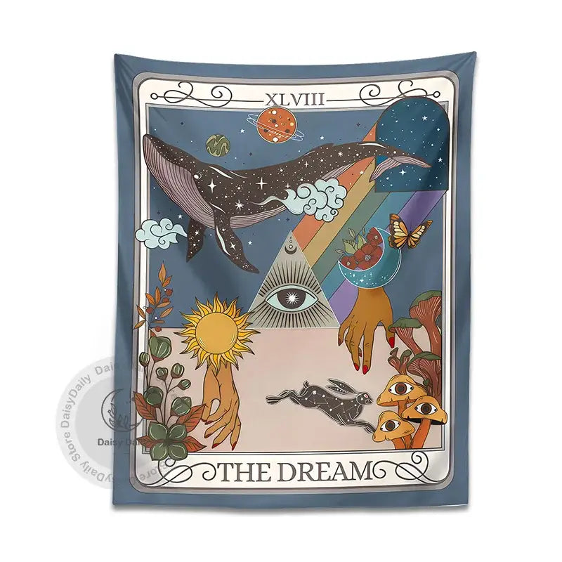 Whimsical blue dream tarot tapestry bedroom wall art