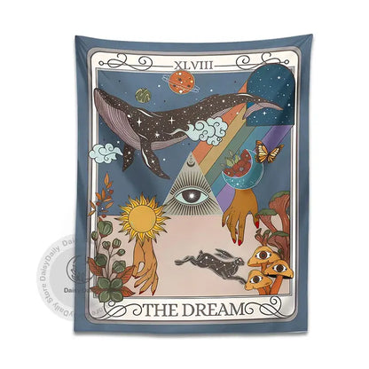 Whimsical blue dream tarot tapestry bedroom wall art