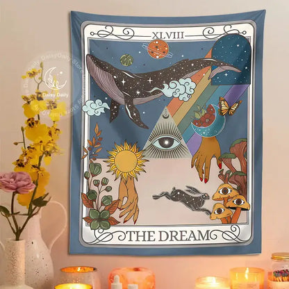 Whimsical blue dream tarot tapestry bedroom wall art