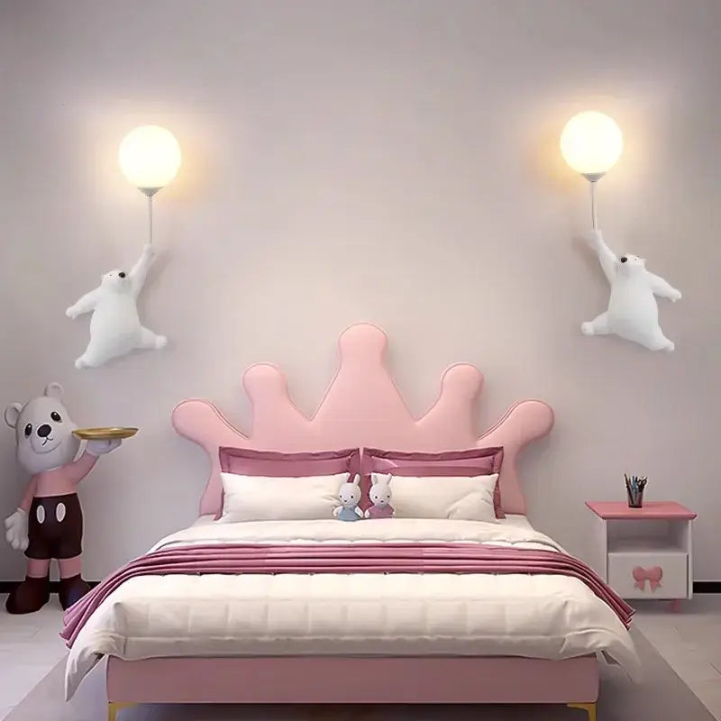 Whimsical blue pink & white bear wall lamp for kids bedroom