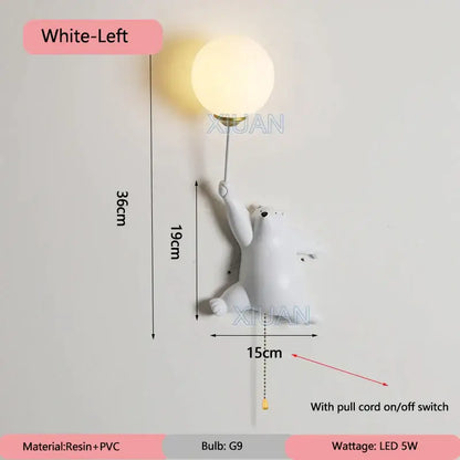 Whimsical blue pink & white bear wall lamp for kids bedroom