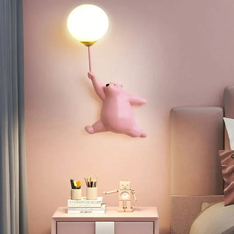 Whimsical blue pink & white bear wall lamp for kids bedroom