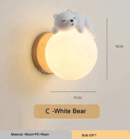 Whimsical blue pink & white bear wall lamp for kids bedroom