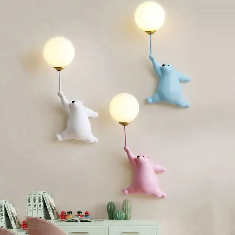 Whimsical blue pink & white bear wall lamp for kids bedroom