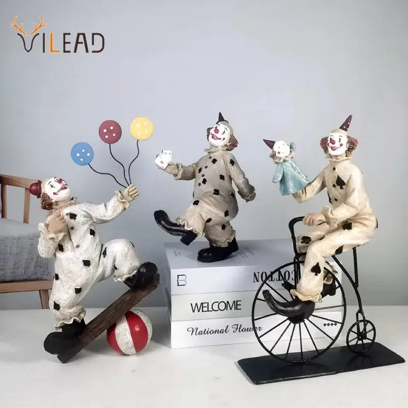 Whimsical cream circus clown joker figurine set living room decor