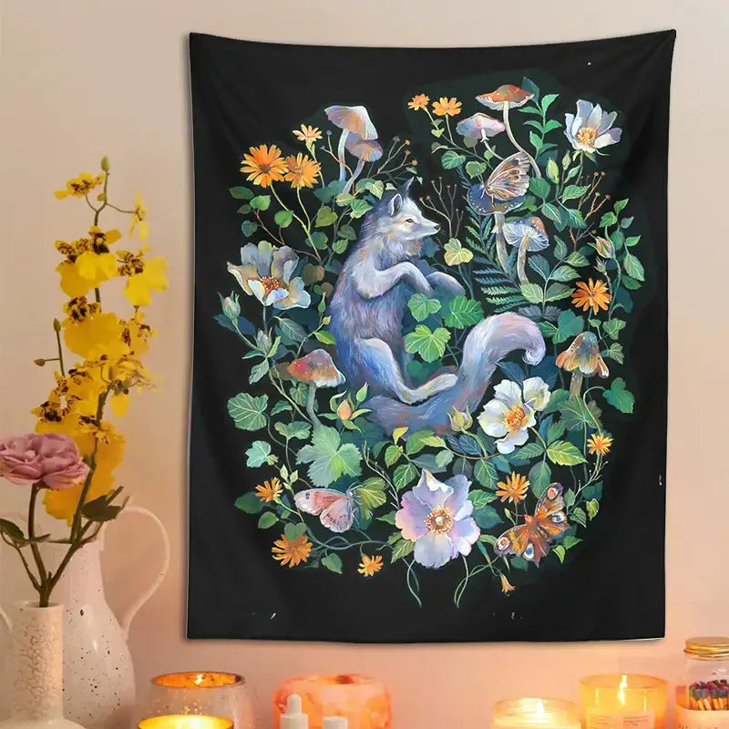 Whimsical fox botanical floral garden tapestry bedroom wall decor