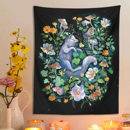 Whimsical fox botanical floral garden tapestry bedroom wall decor