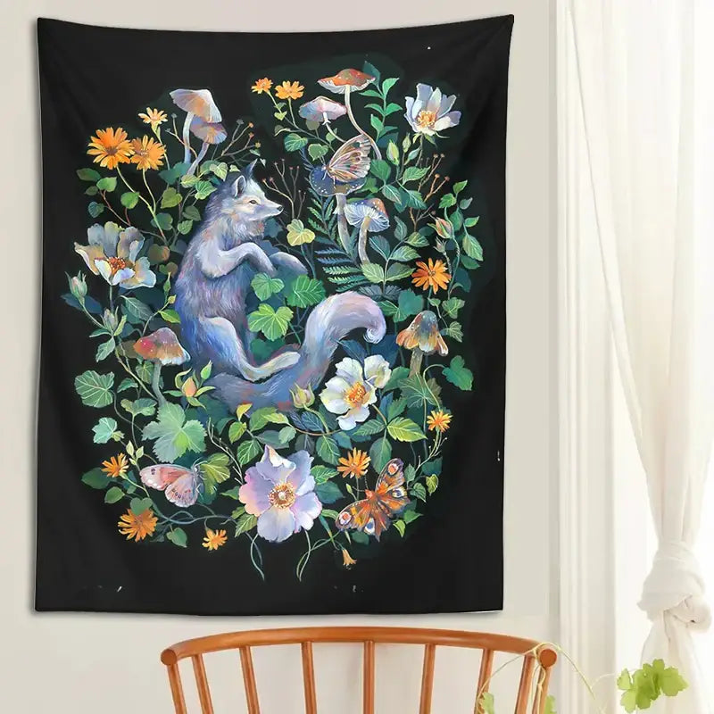 Whimsical fox botanical floral garden tapestry bedroom wall decor