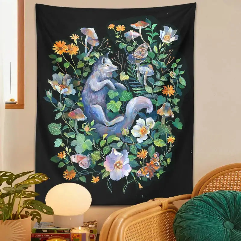Whimsical fox botanical floral garden tapestry bedroom wall decor