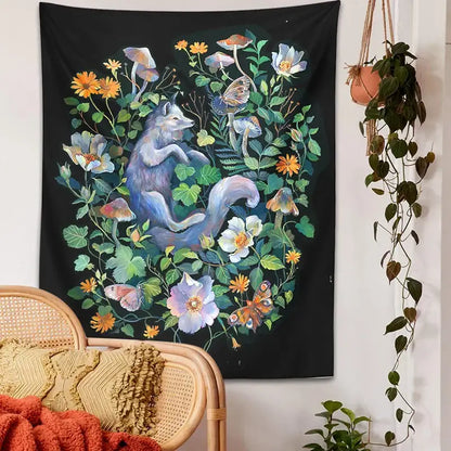 Whimsical fox botanical floral garden tapestry bedroom wall decor