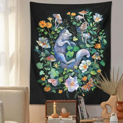 Whimsical fox botanical floral garden tapestry bedroom wall decor