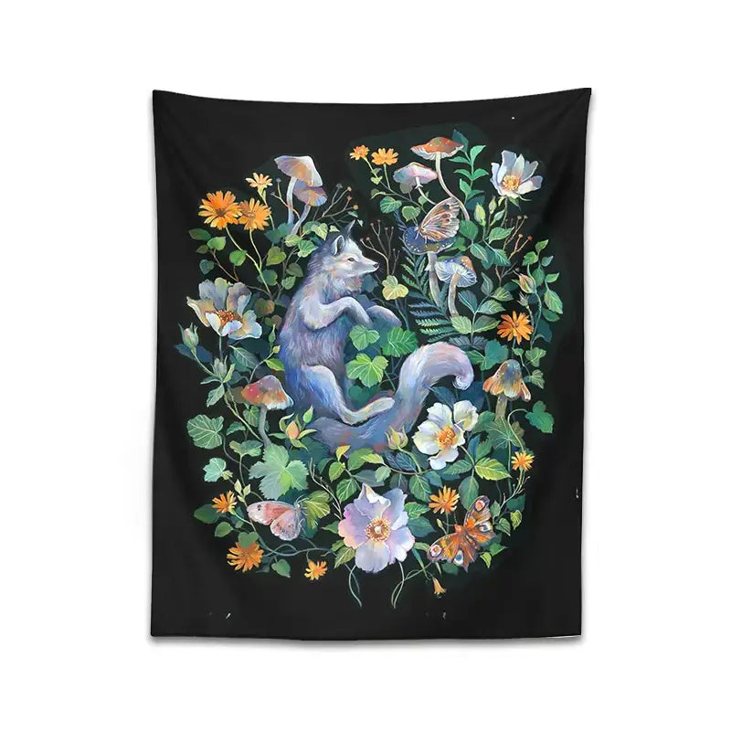 Whimsical fox botanical floral garden tapestry bedroom wall decor