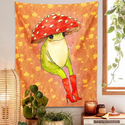 Whimsical orange cute frog cartoon tapestry bedroom wall decor