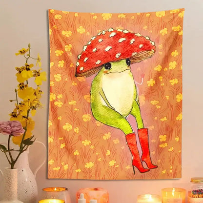 Whimsical orange cute frog cartoon tapestry bedroom wall decor