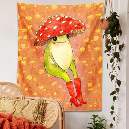 Whimsical orange cute frog cartoon tapestry bedroom wall decor