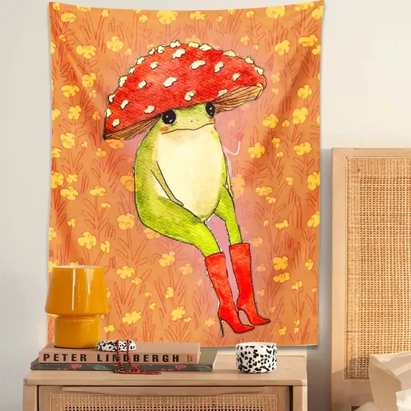 Whimsical orange cute frog cartoon tapestry bedroom wall decor