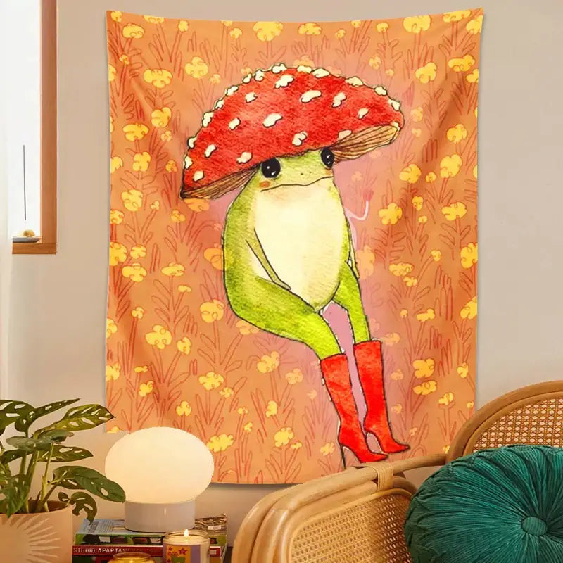 Whimsical orange cute frog cartoon tapestry bedroom wall decor
