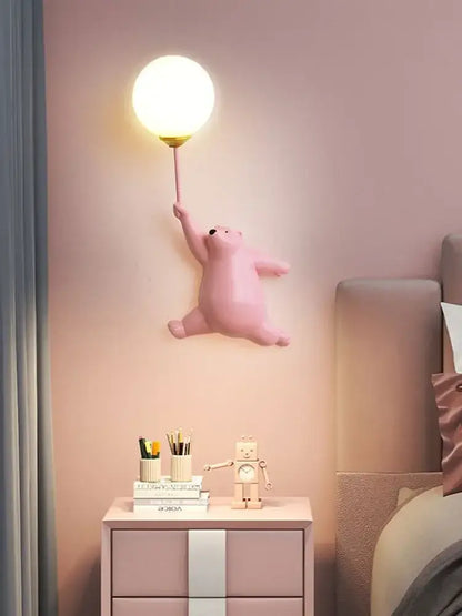 Whimsical pink blue and white bear kids wall lamp set for bedroom
