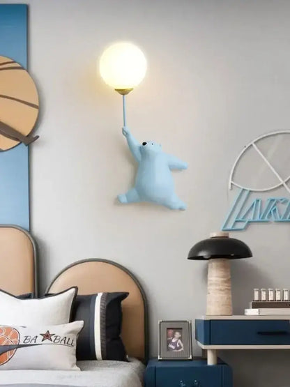 Whimsical pink blue and white bear kids wall lamp set for bedroom