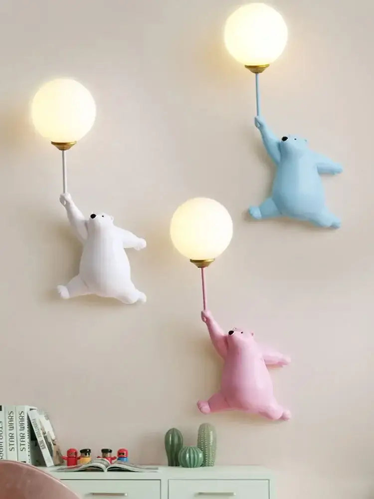 Whimsical pink blue and white bear kids wall lamp set for bedroom