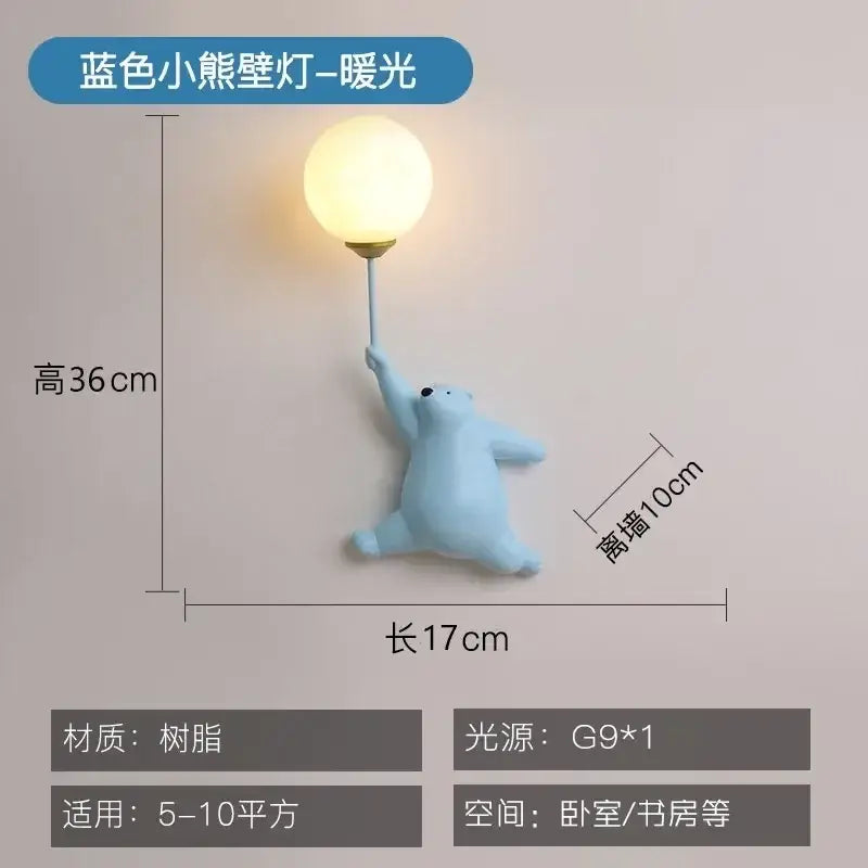 Whimsical pink blue and white bear kids wall lamp set for bedroom