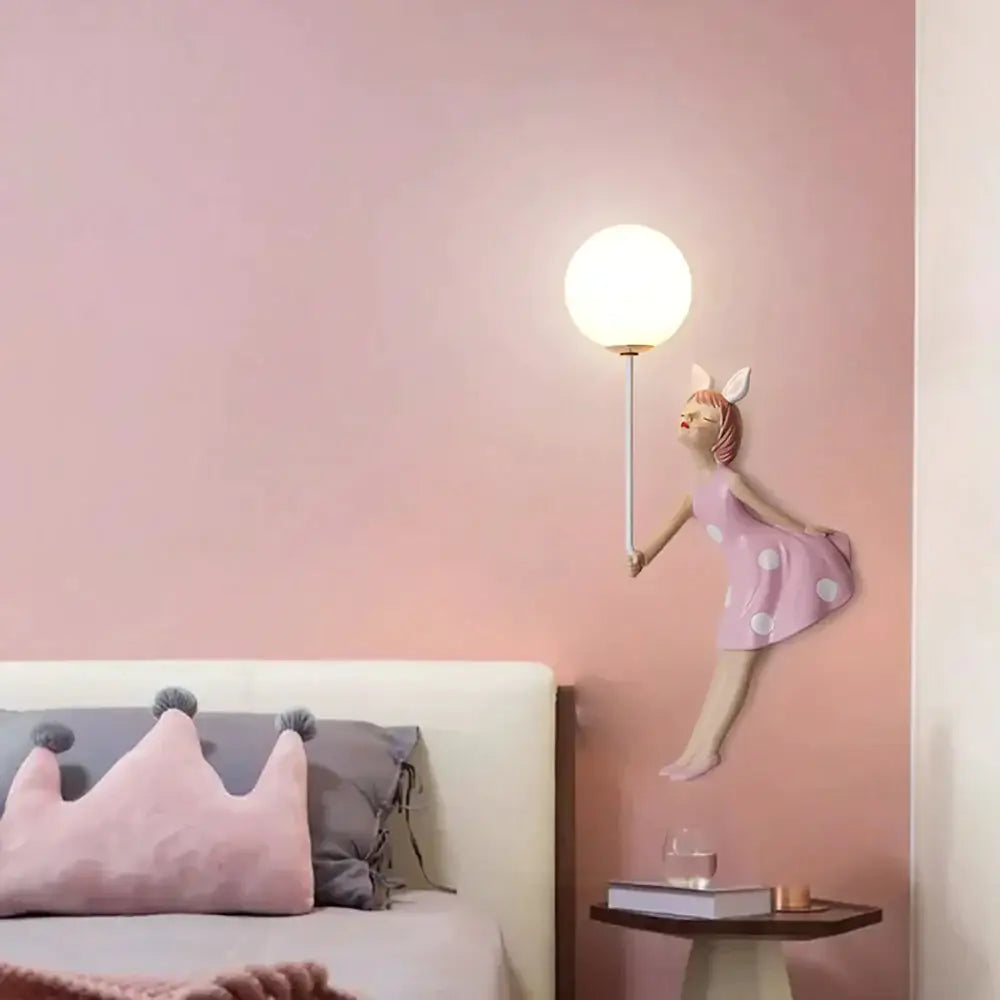 Whimsical pink polka dot fairy girl wall lamp for bedroom