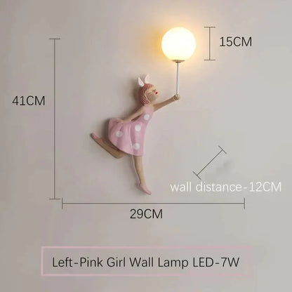Whimsical pink polka dot fairy girl wall lamp for bedroom
