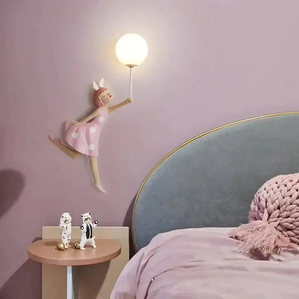Whimsical pink polka dot fairy girl wall lamp for bedroom