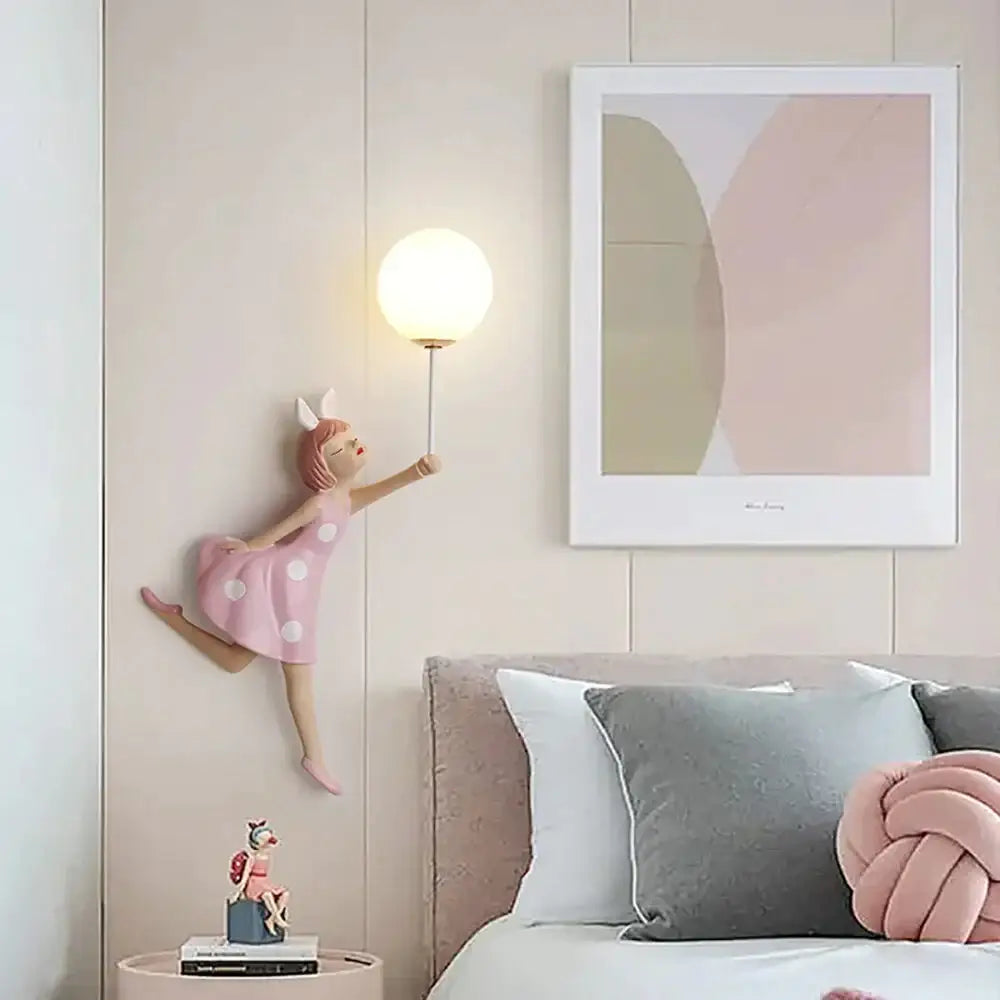 Whimsical pink polka dot fairy girl wall lamp for bedroom