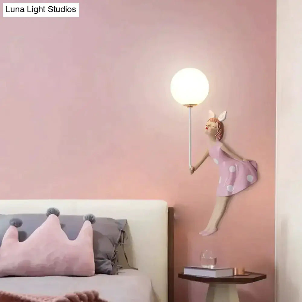 Whimsical pink polka dot fairy girl wall lamp for bedroom