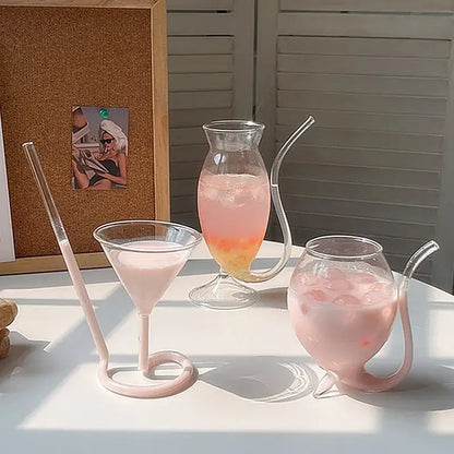 Whimsical pink vampire cocktail glass cup with straw dining room decor