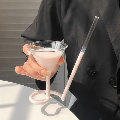 Whimsical pink vampire cocktail glass cup with straw dining room decor