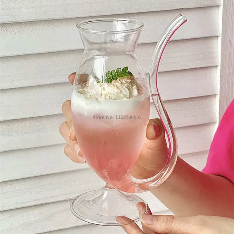 Whimsical pink vampire cocktail glass cup with straw dining room decor