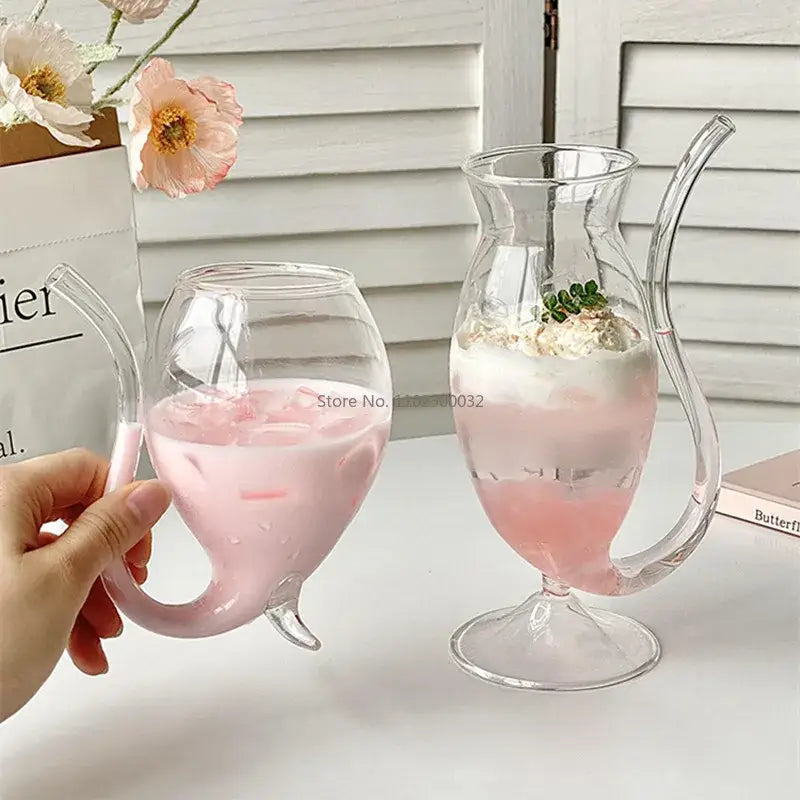 Whimsical pink vampire cocktail glass cup with straw dining room decor