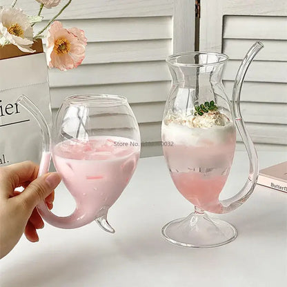 Whimsical pink vampire cocktail glass cup with straw dining room decor
