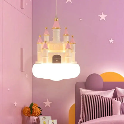 Whimsical pink & white castle kids chandelier led bedroom light