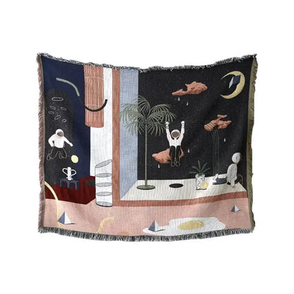 Whimsical space themed black knit sofa blanket living room decor