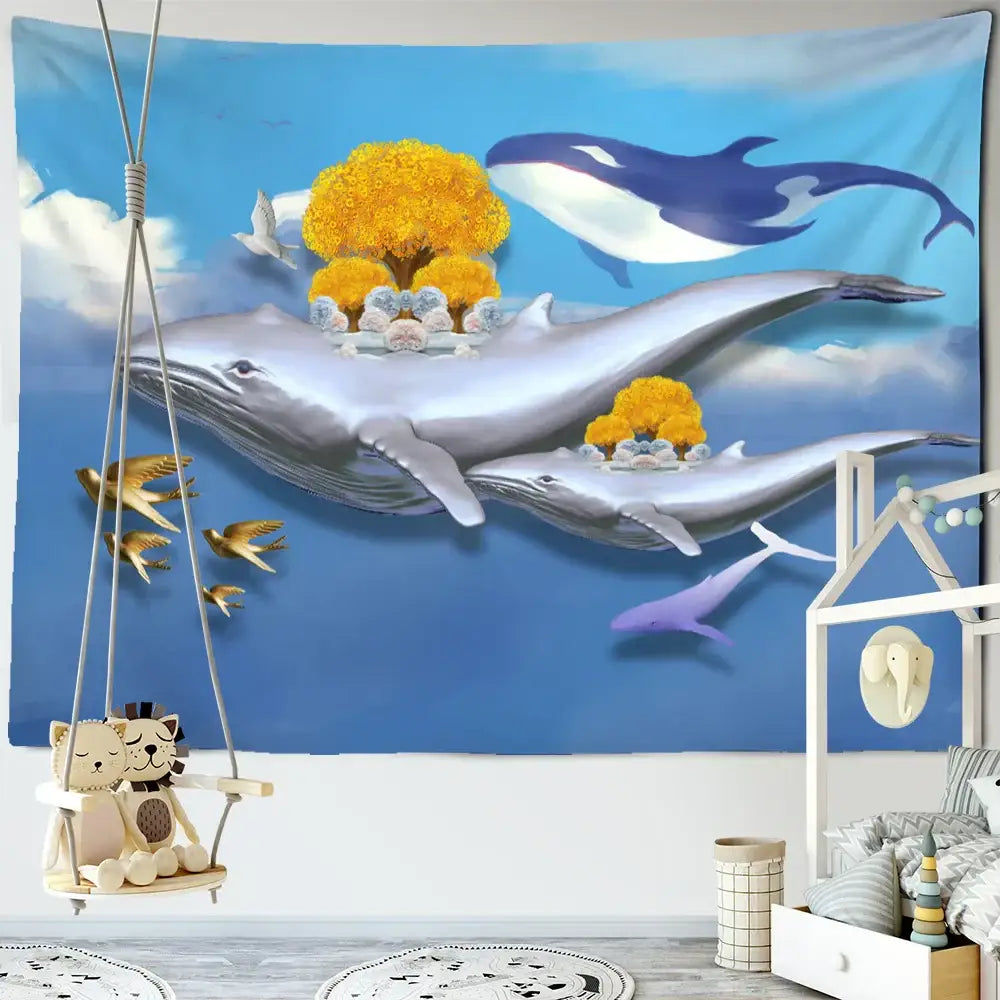 Whimsical teal & white dream whale tapestry wall hanging kids room