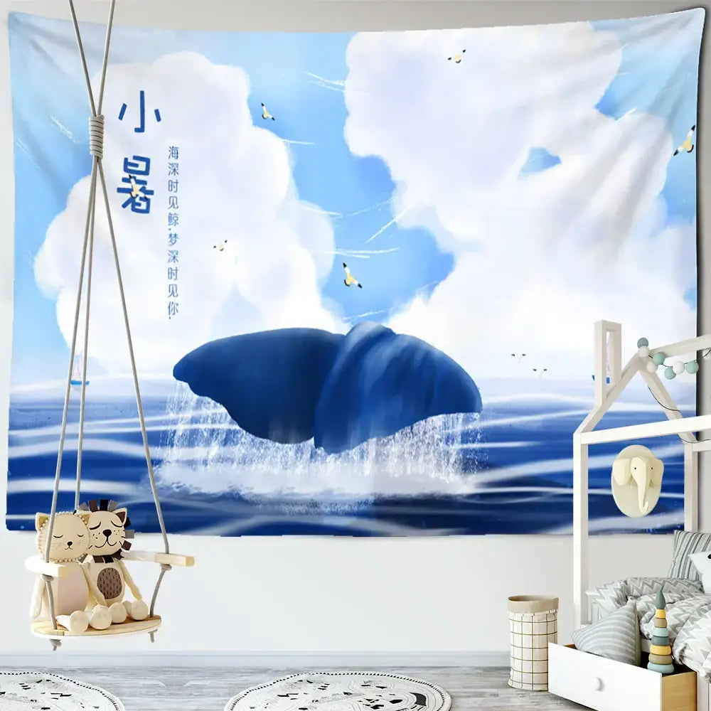Whimsical teal & white dream whale tapestry wall hanging kids room