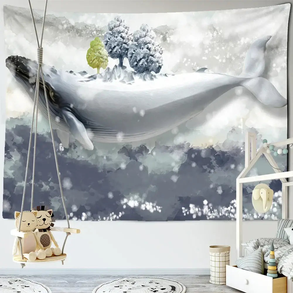 Whimsical teal & white dream whale tapestry wall hanging kids room