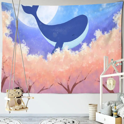 Whimsical teal & white dream whale tapestry wall hanging kids room