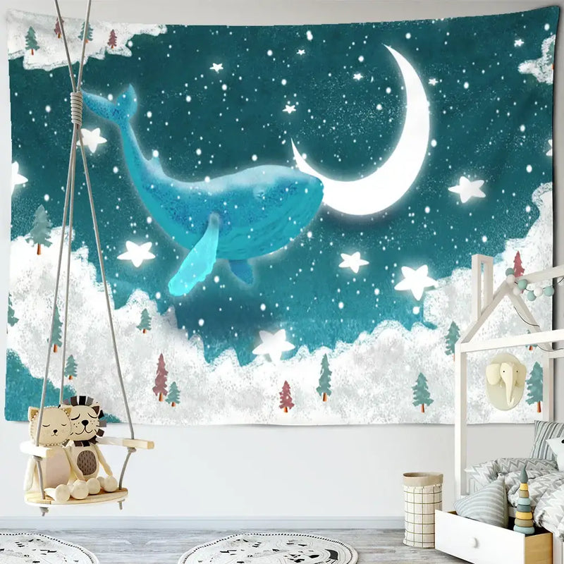 Whimsical teal & white dream whale tapestry wall hanging kids room