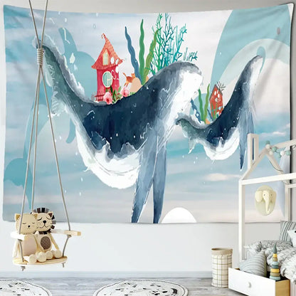 Whimsical teal & white dream whale tapestry wall hanging kids room
