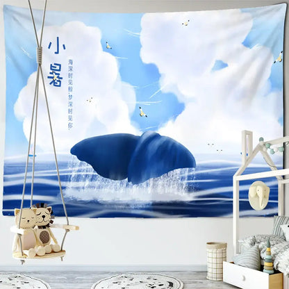 Whimsical teal & white dream whale tapestry wall hanging kids room