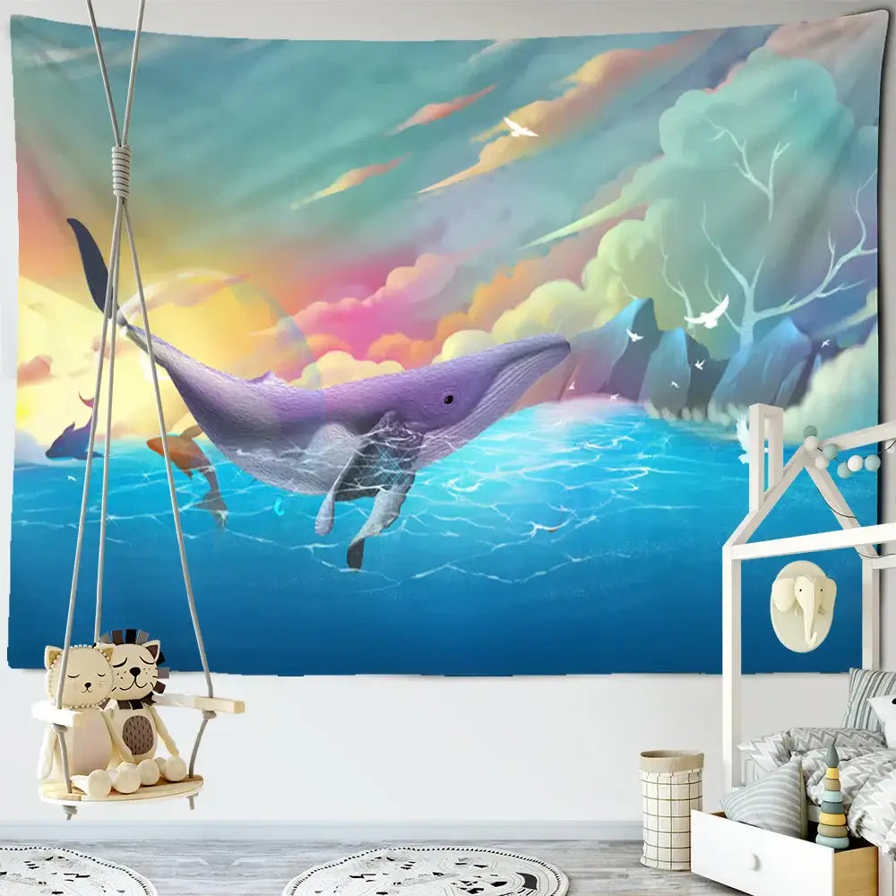 Whimsical teal & white dream whale tapestry wall hanging kids room
